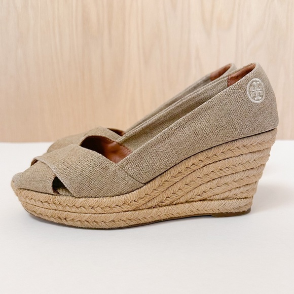 Tory Burch Filipa Linen Espadrille Peep Toe Wedge Heels - Picture 1 of 13